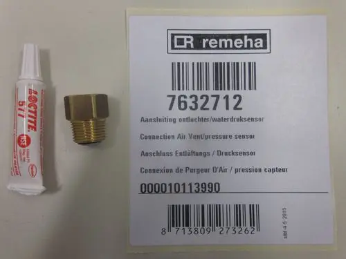 Remeha Kunststoffverpackung mit einer Schraubverbindung aus Messing und einer Tube Loctite Dichtmittel. Produkte zur Anbindung eines Drucksensors oder Entlüfters.